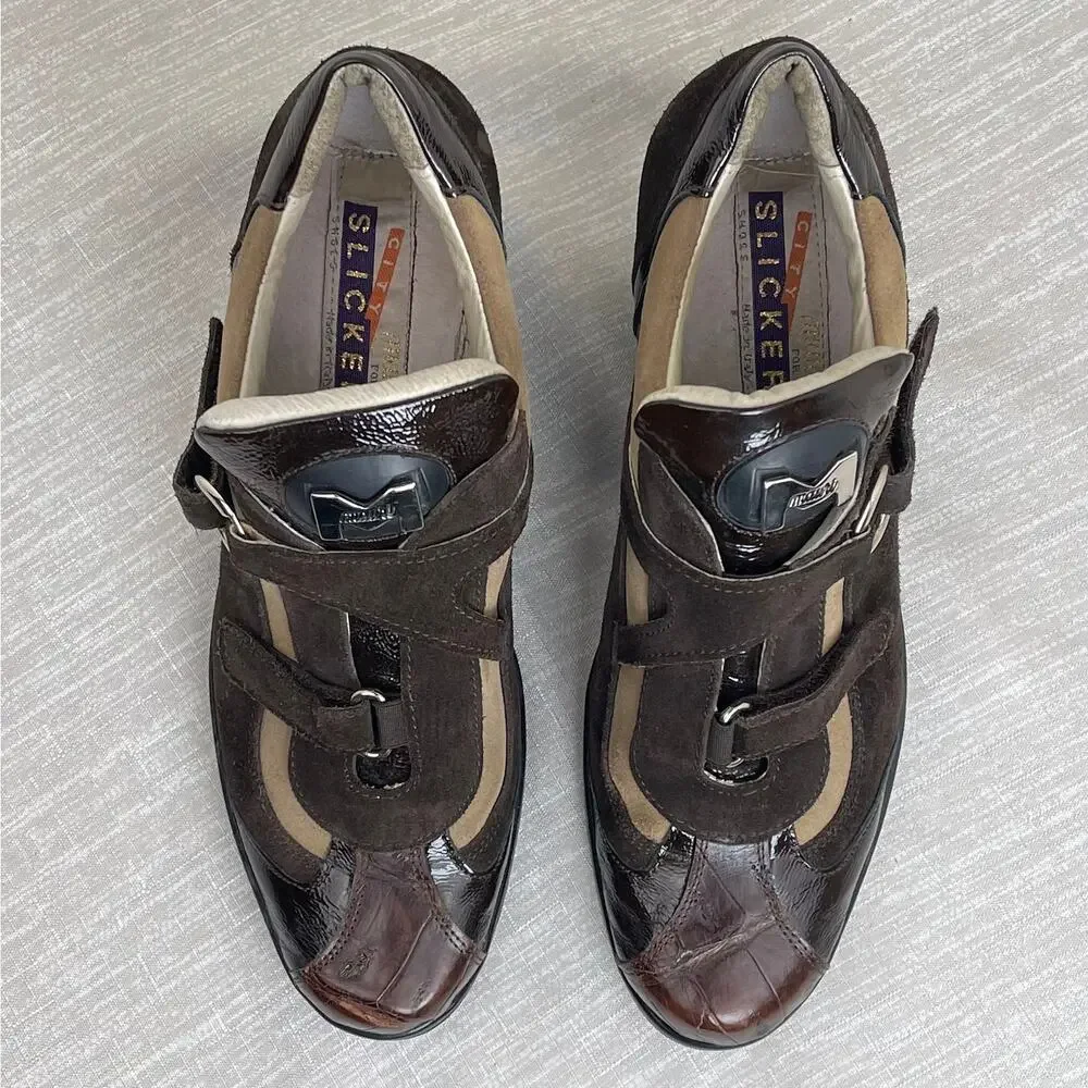 Mauri Suprema 8651 Women 9 Brown Baby Crocodile Suede Patent Leather Wedge Shoes
